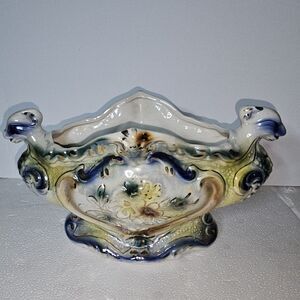 Antique White Porcelean Planter Highn Low Relief Phytomorphic Handles High Gloss